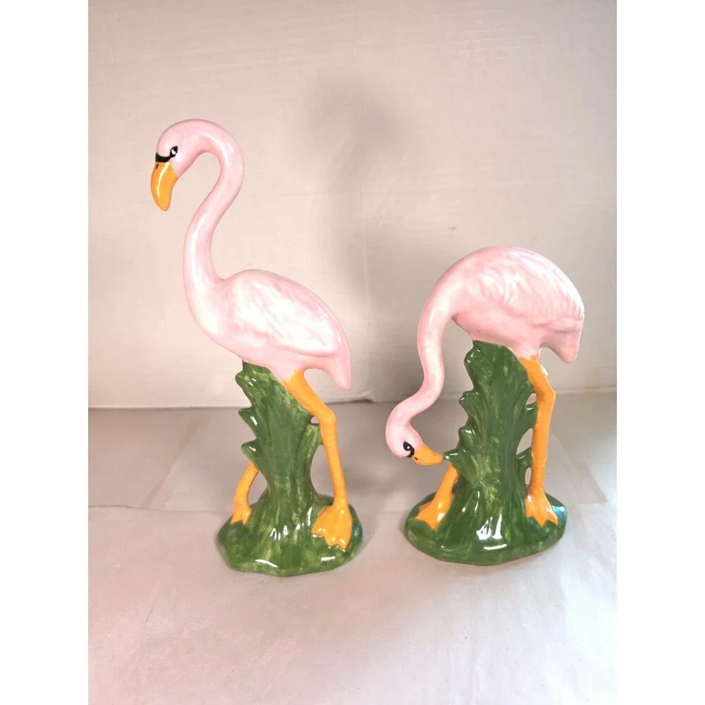 Vintage 1970's Ceramic Glossy Pink Flamingo Figurine Set    10” & 7” Tall